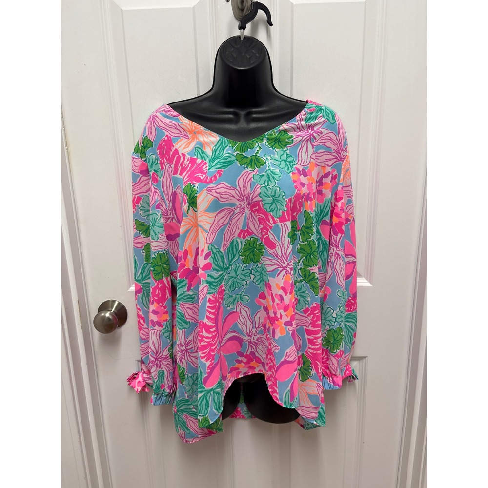 Lilly Pulitzer Elsa Top XL Pink Blue Floral Tiger Print V-Neck Tie Cuff Blouse